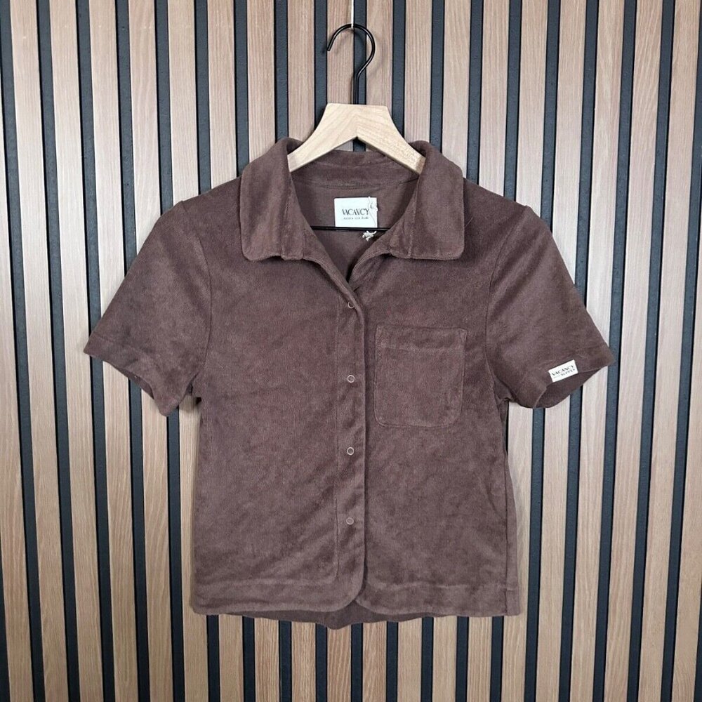 Vacancy Supply Shirt US 0 Brown French Terry Fleece Button Front Short Sleeve